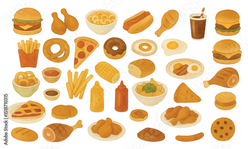 A vibrant illustration of American dishes, featuring burgers, fries, pizza, hot dogs, fried chicken, donuts, and more. Rich colors and detailed composition highlight the diversity of American cuisine