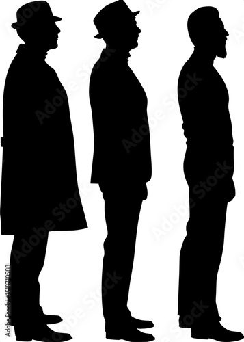 "Three sharply dressed male profiles rendered in bold silhouette, vintage graphic style. One wears a double-breasted coat and pencil mustache, another a homburg hat and square jawline, and the third s
