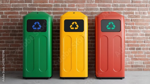 Wallpaper Mural Three colored recycling bins (green, yellow, red) stand against a brick wall, each featuring a recycling symbol. Torontodigital.ca