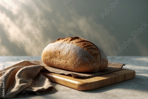 Freshly baked artisan bread on a wooden cutting board with a linen cloth in a soft natural light setting
