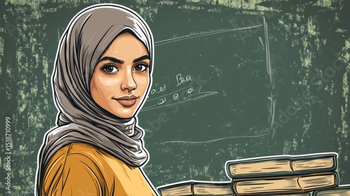 A woman with hijab and brown eyes, wearing a mustard t-shirt, is a teacher, background of blackboard and books, kind expression, generative ai