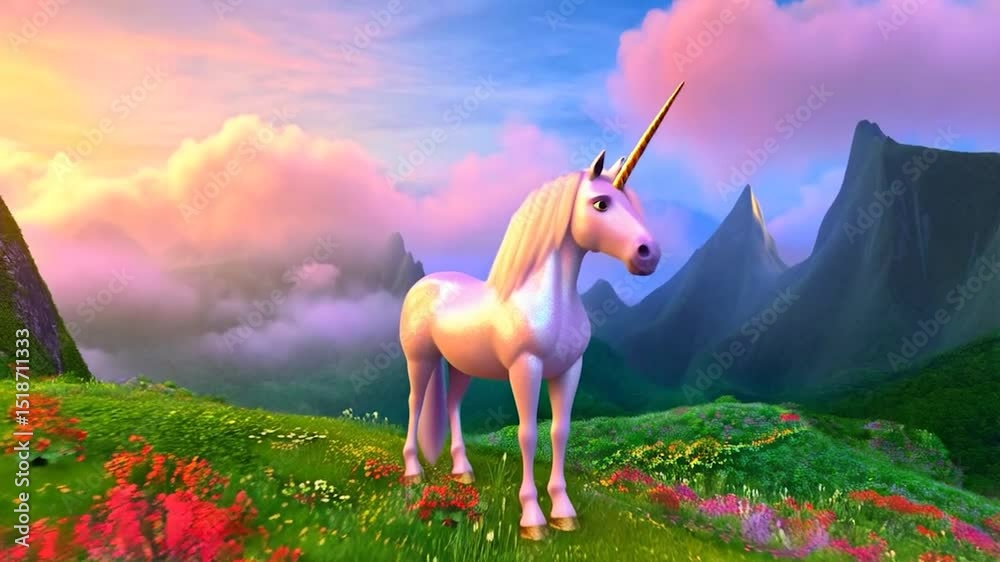 A sparkly pink unicorn grazes in a vibrant meadow at the base of misty mountains at dawn