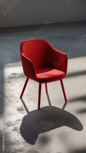 Modern red armchair with curved backrest and wooden legs in a minimalist interior setting