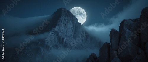 Majestic mountain peak illuminated by full moonlight surrounded by misty clouds in a serene nighttime scene