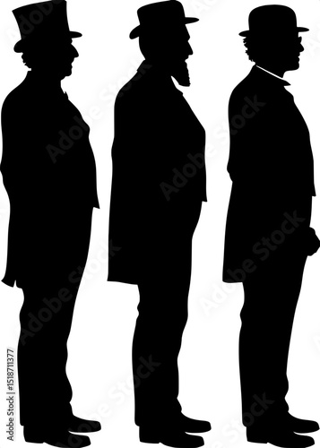 "Graphic black silhouettes of three men's profiles in vintage attire, lined up left to right. Each man has distinct headwear and grooming: a top hat and curled mustache, a bowler hat with a full beard