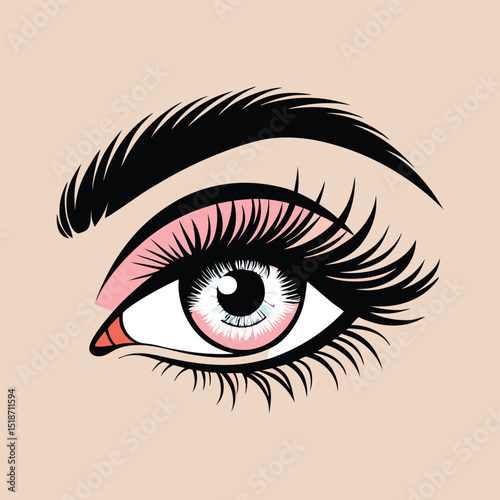 Hand-drawn woman's sexy luxurious eye with perfectly shaped eyebrows and full lashes. Idea for business visit card, typography vector .