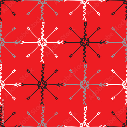 Scribbled arrow vector seamless background. Red, gray, white and black pattern illustration surface design in circles.