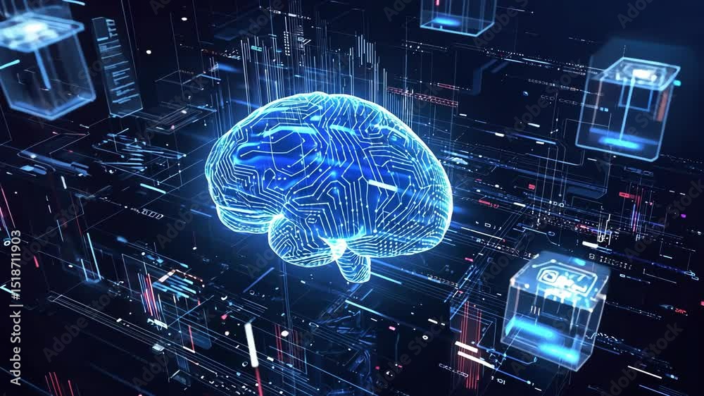 Artificial Intelligence project creating. Abstract concept of cyber technology, machine learning, robot and cybernetic brain 3d animation. Drawing digital scheme line of futuristic idea. motion video.