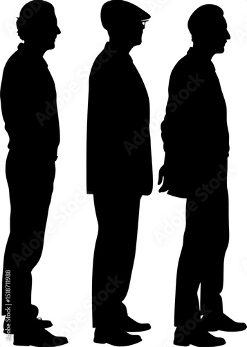 "Side-view silhouettes of three fashionably dressed men from the 1950s, depicted in clean black line art. The men face right and are evenly spaced: the first with a pompadour and leather jacket, the s