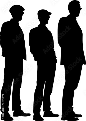 "Side-view silhouettes of three fashionably dressed men from the 1950s, depicted in clean black line art. The men face right and are evenly spaced: the first with a pompadour and leather jacket, the s
