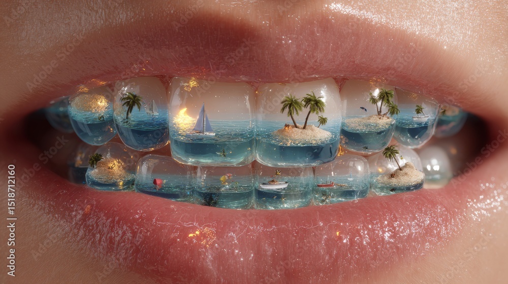 Obraz premium Close-up of a human mouth with transparent glass teeth, miniature islands nestled inside, surreal conceptual artwork blending nature and anatomy.