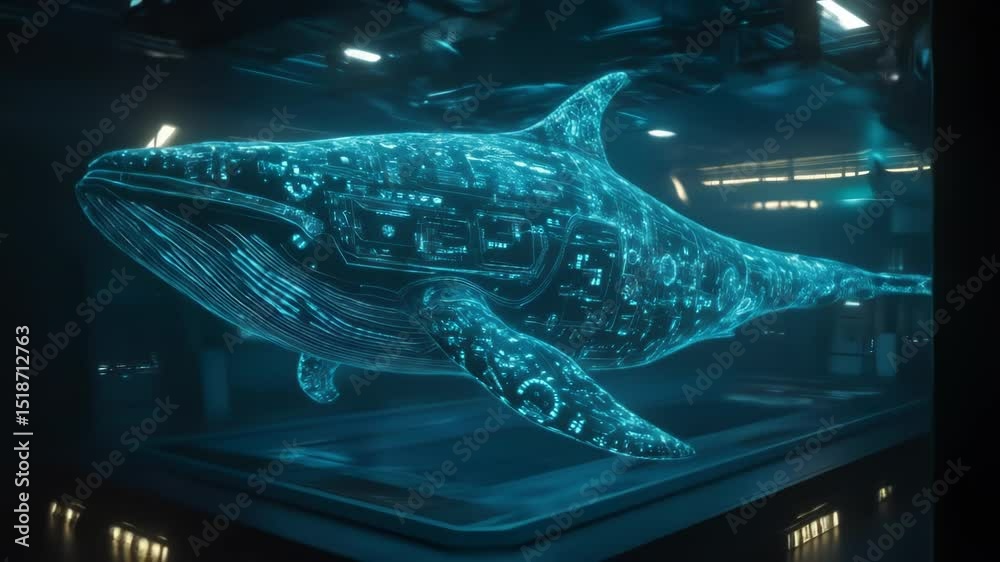 Futuristic Tech Whale: A Holographic Display in a Modern Research Facility