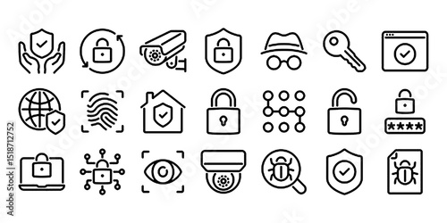 Safety, security and protection concept editable stroke outline icons set isolated on white background flat vector illustration.