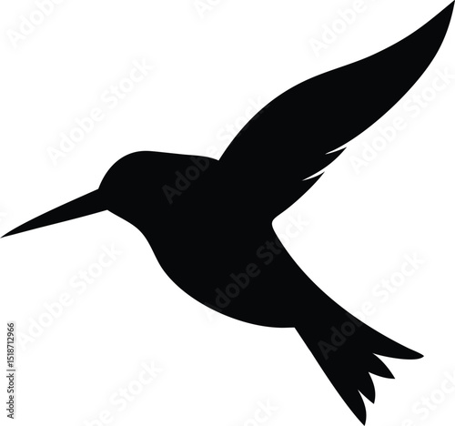 a black bird with a long beak flying in the air