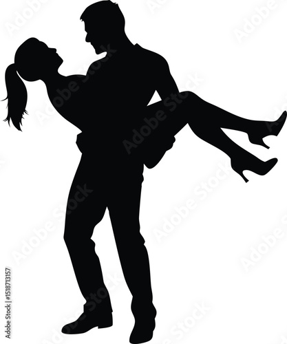 a black silhouette of a man carrying a woman 