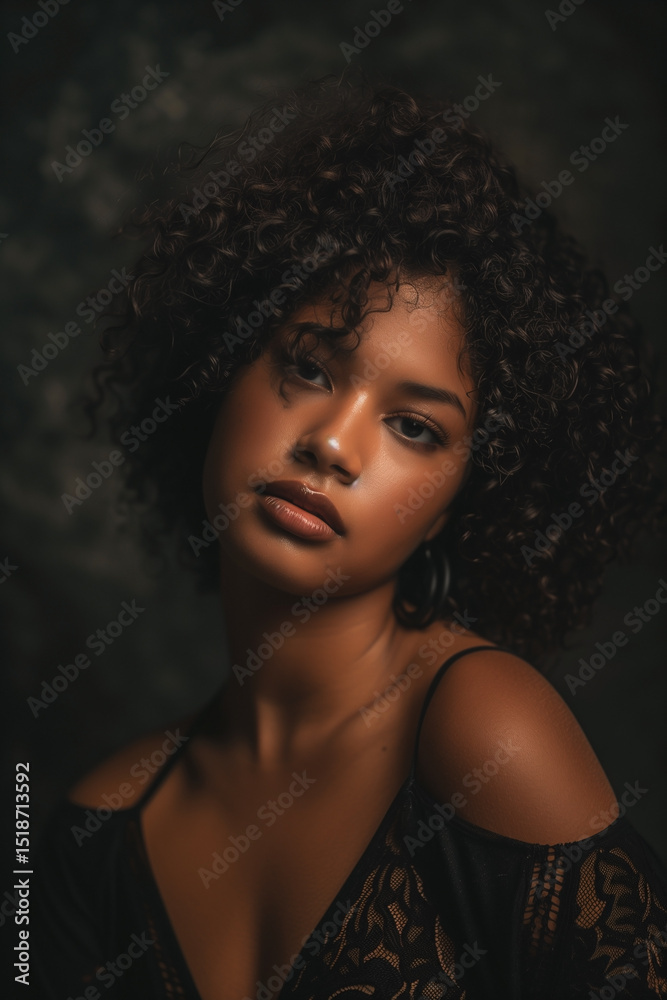 Fototapeta premium Portrait of a young woman with curly hair, expressive eyes and soft lighting, radiating natural beauty against a dark background.