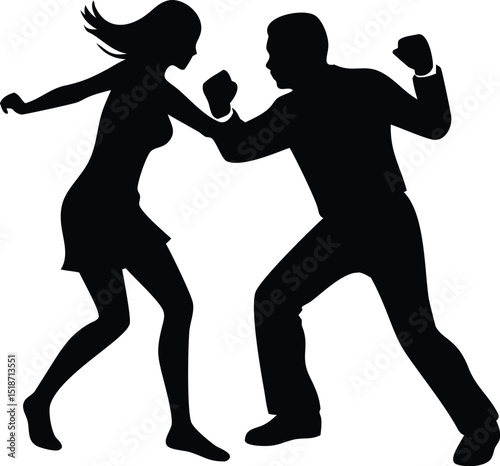 a silhouette of a man and a woman in a fighting 