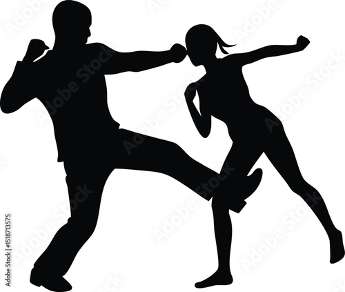 a silhouette of a man and a woman in a fighting 