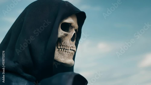 Grim reaper skull in black hood with dramatic sky