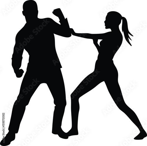 a silhouette of a man and a woman in a fighting 