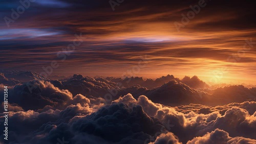 Golden sunrise above dramatic clouds with glowing light and vivid sky for dream, heaven, aerial view