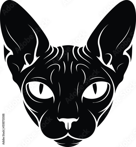 Black Sphynx Cat Head Silhouette Vector – Hairless Cat Portrait Clipart
