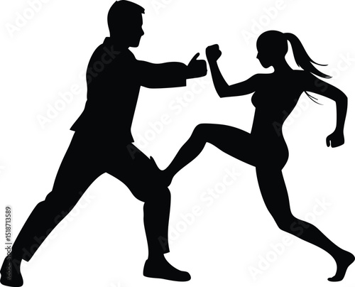 a silhouette of a man and a woman in a fighting 