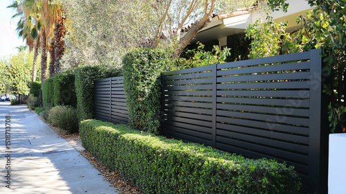 Modern aluminum fence with horizontal slats sits atop a grey concrete block base. Paired with a dense green hedge, it enhances privacy and style in a sleek, contemporary garden or outdoor design.

