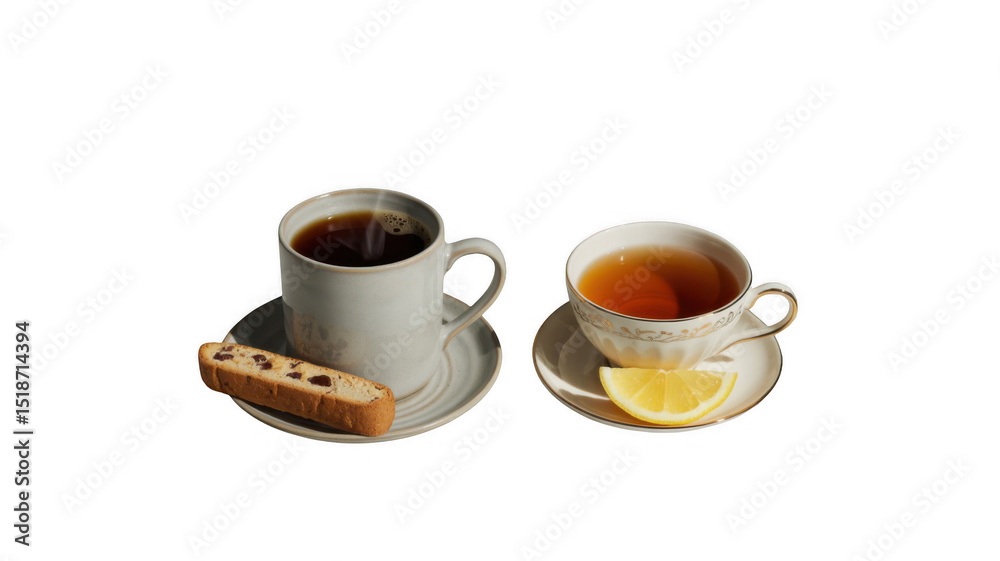 Steaming cup of coffee and a cup of tea with lemon, served with biscotti, are presented on a transparent background, creating a cozy and inviting atmosphere Steaming cup of coffee and a cup of tea with lemon, served with biscotti, are presented on a transparent background, creating a cozy and inviting atmosphere