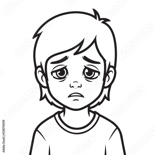 The black-and-white style gives the image a stark, emotive quality, focusing the viewer's attention on the boy's facial expression and emotional state. 