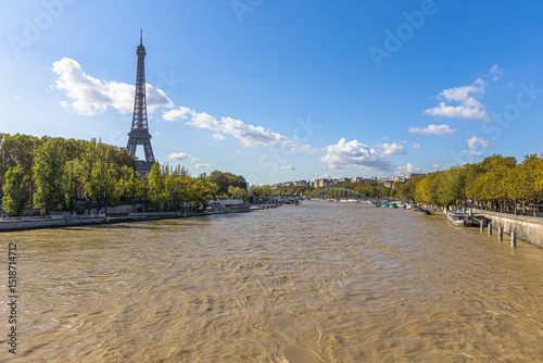 The Eiffel Tower along the Sienne Rive in Paris France
