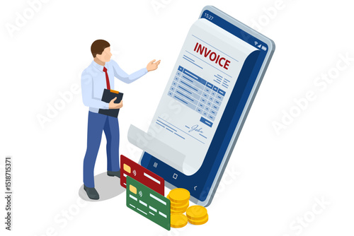 Isometric Modern vector illustration for e-billing, accounting, and online finance management. Digital financial transaction Smartphone with e-invoice, dollar sign, and coin stacks