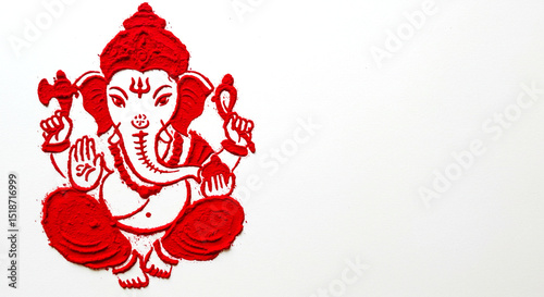   Made with holy Kumkum powder Hindu religion god Ganesha for god worship, Hindu religious festival, Diwali, new year, Ganesh Chaturthi, weeding, white background with copy