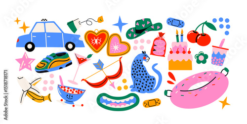 Retro hippie stickers 90s. Cartoon bright psychedelic elements, funky shapes, animals,fruits, vintage. Trendy doodle labels, patches, stamps	