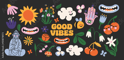 Positive vibes set stickers in retro cartoon style, smiling mouths, cherry fruits, sun and flowers, 90s-inspired quirky graphics, emotional shapes, illustration in doodle groovy style