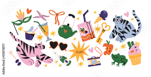 Retro hippie stickers 90s. Cartoon bright psychedelic elements, funky shapes, animals,fruits, vintage. Trendy doodle labels, patches, stamps	