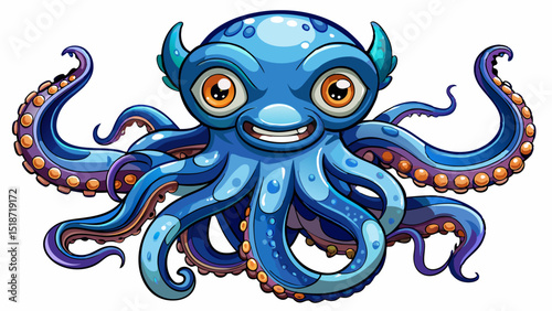 Vector cartoon illustration of a playful blue octopus character with a cheerful expression ideal for kids designs, ocean-themed games, or educational marine content