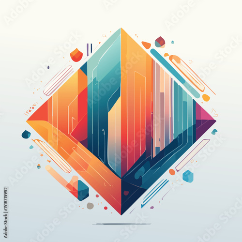 Abstract digital vector featuring a segmented diamond design in vibrant orange, blue, and teal gradients. Dynamic lines, dots, and geometric patterns add depth and modern flair