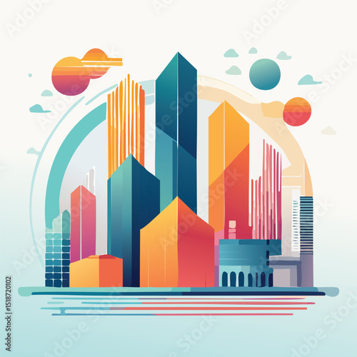 Stylized vector cityscape showcasing geometric blue, orange, and red buildings with abstract circles and semi-circles hinting at sun and clouds. Modern, vibrant, and artistic design.