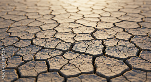 Close-up texture of severely cracked dry earth, parched under harsh light. Abstract pattern symbolizing drought, aridity, and climate change.
