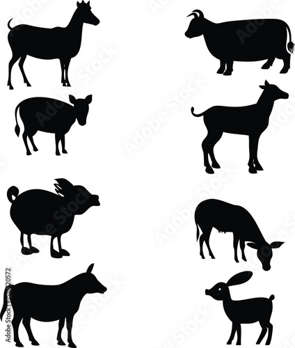 Silhouette illustration of various farm animals including a horse, cow, pig, sheep, and rabbit, in black