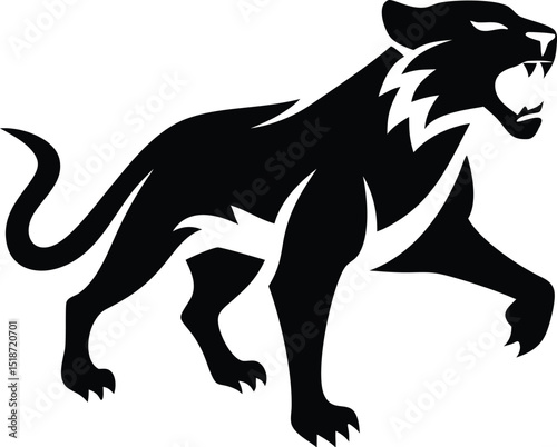 Illustration of a black panther with an open mouth and visible teeth in a stylized design format silhouette