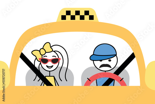 taxi ride, front view of happy young woman and sad taxi driver, flat cartoon vector illustration