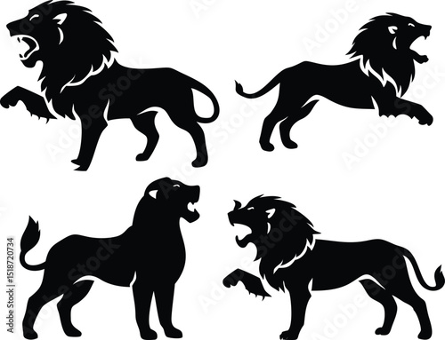 Four black silhouette lions roaring and standing in different poses on a white background illustration