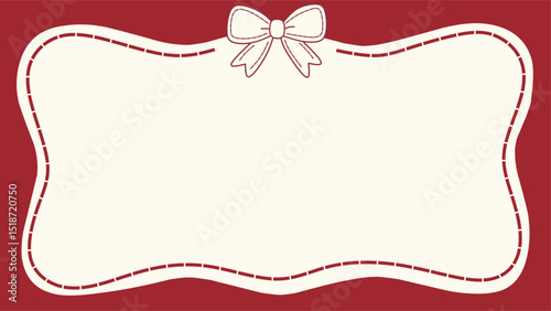 Elegant hand-drawn wavy frame with stitched red ribbon bow on cream and red background. Perfect for gift tags, greeting cards, invitations, labels, and festive graphic design projects.