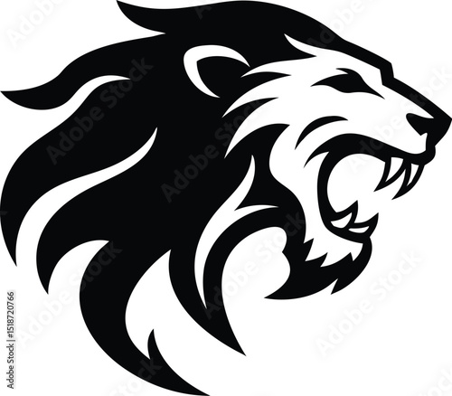 Illustration of a roaring lion head in black and white with detailed mane and sharp teeth design element silhouette
