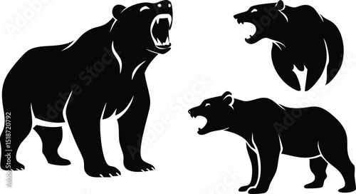 Three black bear silhouettes in different poses with open mouths on a white background art image