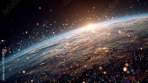 Orbiting space debris encircles Earth against the darkness of space, symbolizing the growing challenge of space sustainability and the environmental impact of human activity in orbit.

