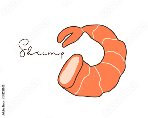 Shrimp. Hand drawn lineart peeled shrimps vector illustration and hand written inscription. Sign for menu of fish restaurants, for packaging in markets and shops. Red cooked shrimp or prawns. Seafood
