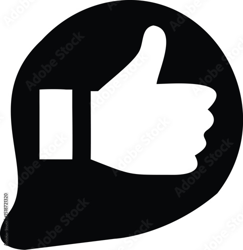Black speech bubble containing a white thumbs up icon symbolizing agreement and approval with a hand silhouette